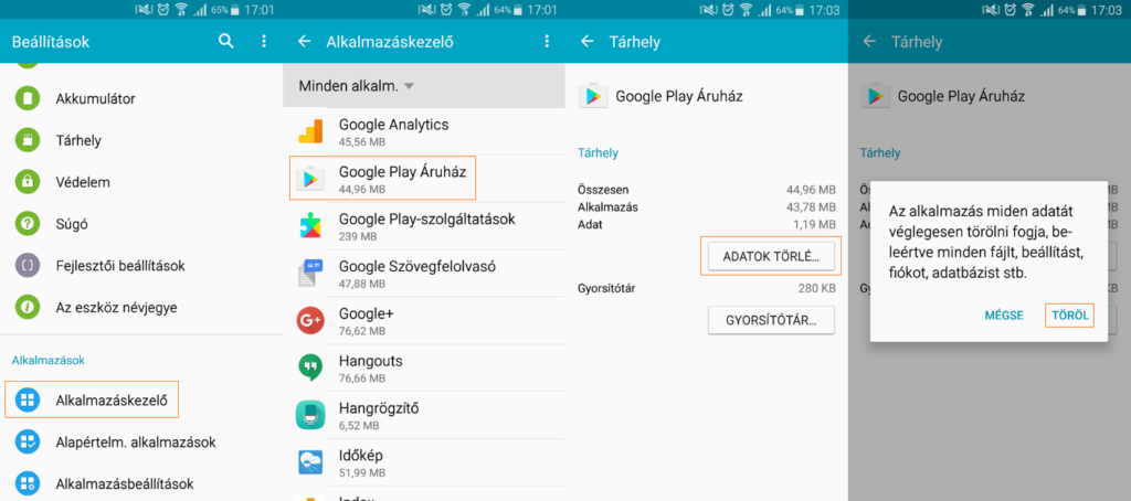 Google Play Áruház adatok törlése